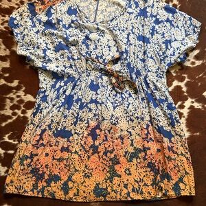 CAbi Blue and Orange Floral Blouse size medium short sleeve